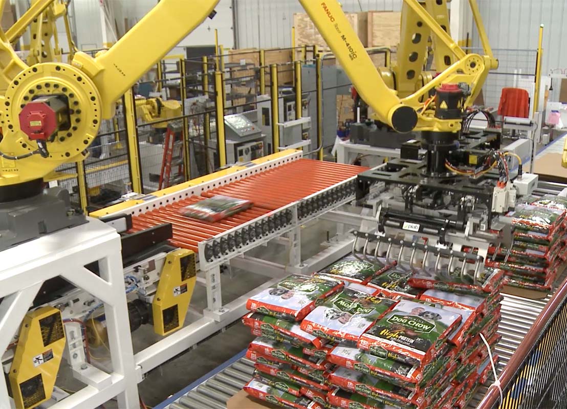Robotics have become more common within pet food manufacturers’ end-of-line packaging operations. 